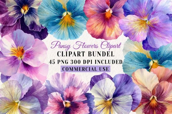 Watercolor Pansy Flowers Clipart: 45 Designs for Creative Projects